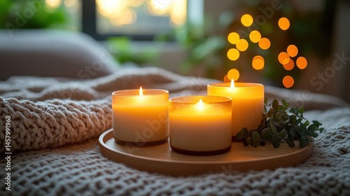 Cozy Atmosphere, Three Candles Burning on a Bedside Table near Window
