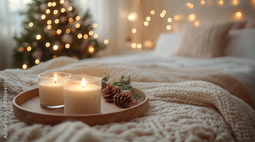 Cozy Christmas Ambiance with Candles and Tree Lights on Bed
