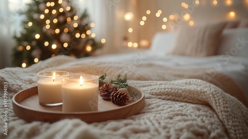 Obraz na płótnie Cozy Christmas Ambiance with Candles and Tree Lights on Bed w salonie