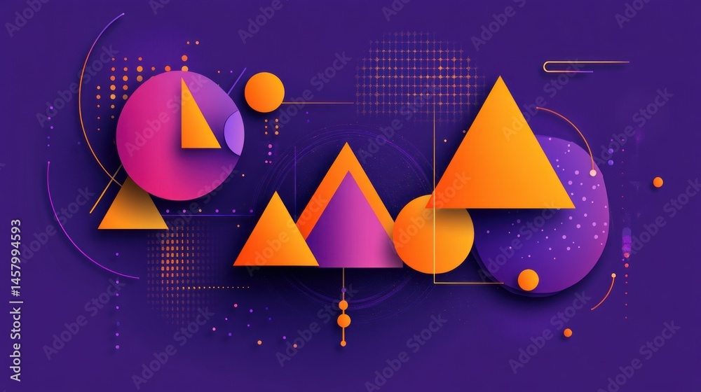 Geometric composition with triangles and circles in vibrant orange and purple hues, modern abstract background for creative designs and presentations