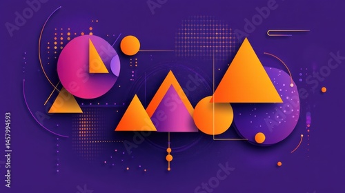 Obraz na płótnie Geometric composition with triangles and circles in vibrant orange and purple hues, modern abstract background for creative designs and presentations w salonie