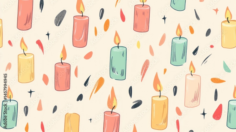 Whimsical Celebration, A Festive Pattern of Colorful Candles and Abstract Shapes