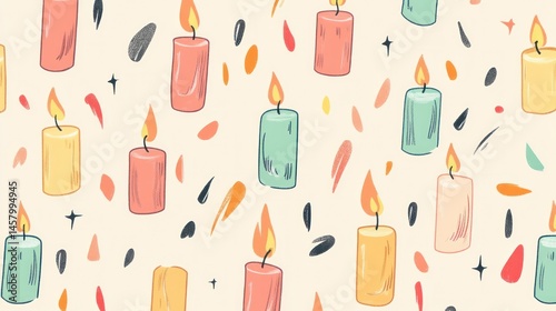 Obraz na płótnie Whimsical Celebration, A Festive Pattern of Colorful Candles and Abstract Shapes w salonie