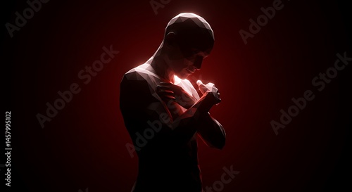 rustic still life, silhouetted figure embracing ethereal glow in a world of shadows and light position subject at the top with crimson tones, clear copy space at the bottom