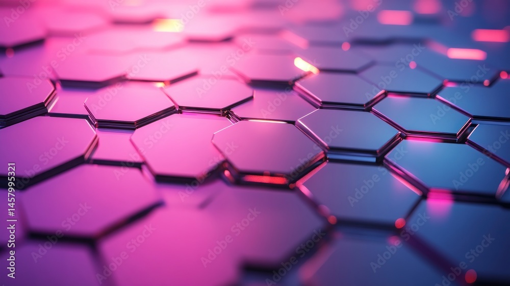 Abstract Honeycomb Pattern with Pink and Blue Lighting Creates a Modern and Futuristic Texture