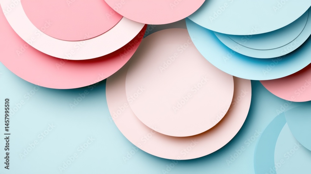 Pastel colored paper circles abstract background with soft light and shadow effects creating a delicate and modern aesthetic