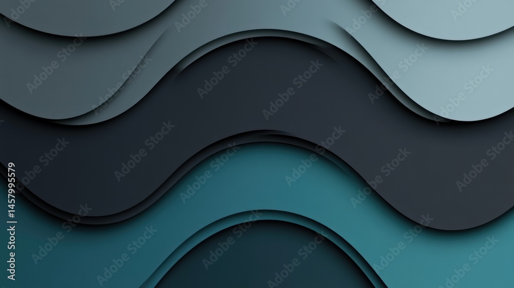 Abstract Wavy Layers in Shades of Teal and Gray with Depth Effect