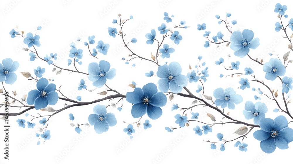 Elegant floral arrangement with blue flowers and branches on white