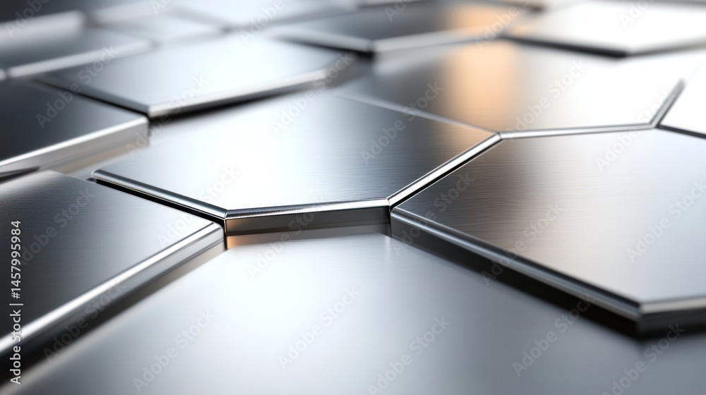 Close-up of Silver Metal Hexagonal Tiles, Reflective Surface Pattern