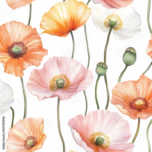 Delicate floral pattern of various poppy blossoms.