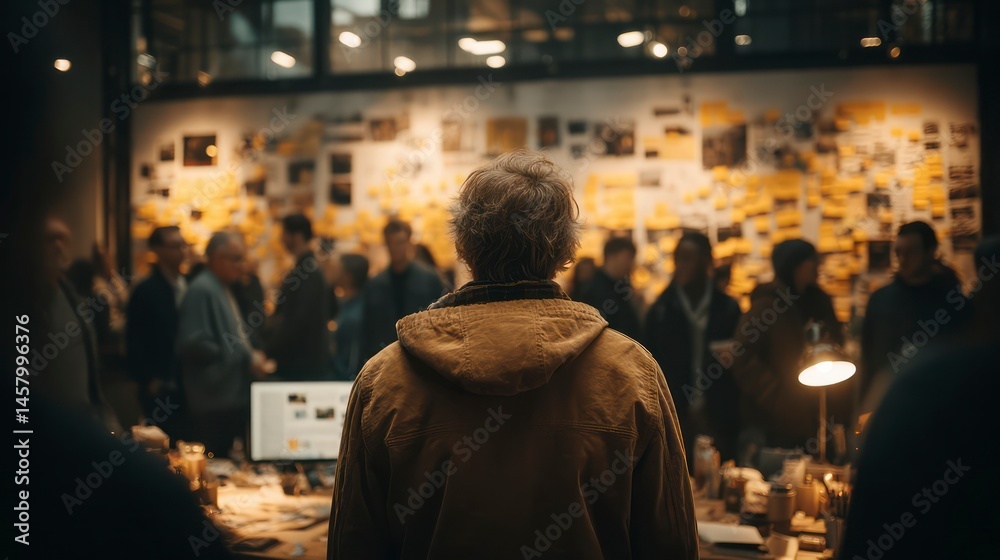 Fototapeta premium A person observing a collaborative brainstorming session with sticky notes and images on a wall