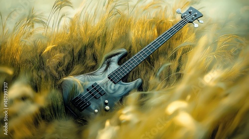 Electric Bass Guitar in a Field of Tall Grass - A modern electric bass partially submerged in tall, wild grass, surrounded by a serene natural landscape. 