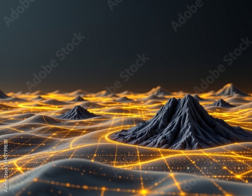 Abstract landscape of dark mountains illuminated by golden grids digital terrain artistic environment futuristic viewpoint