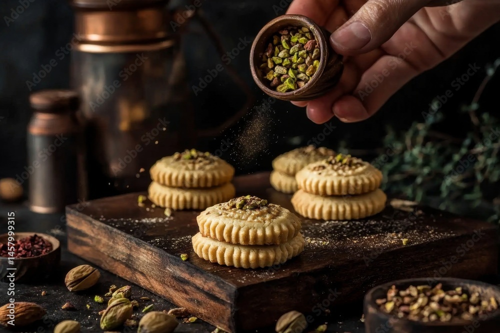 Indulge in Arabic cookies filled with pistachios or assorted nuts. Indulge in Arabic cookies filled with pistachios or assorted nuts.