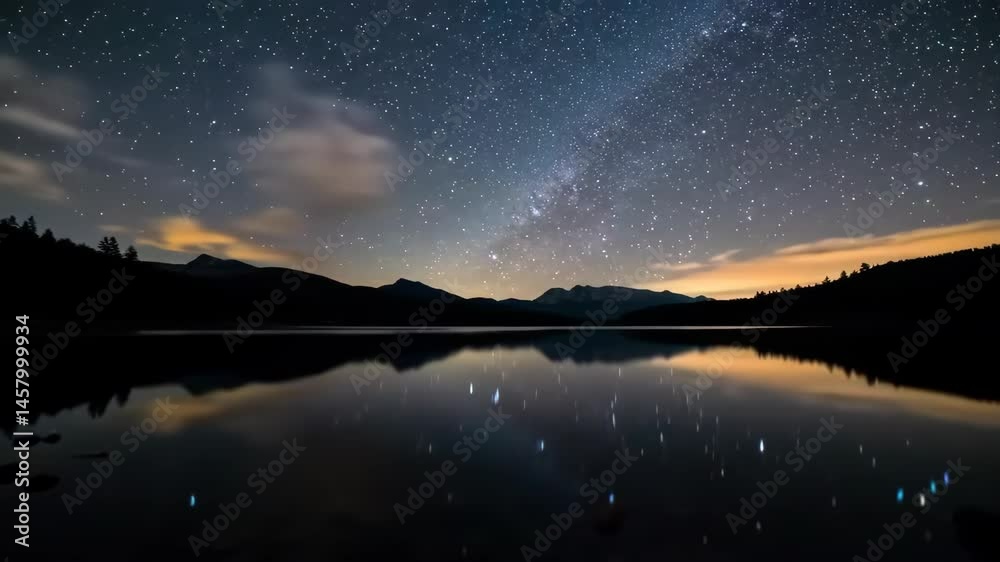 Night sky reflection over tranquil lake under starry heavens Night sky reflection over tranquil lake under starry heavens