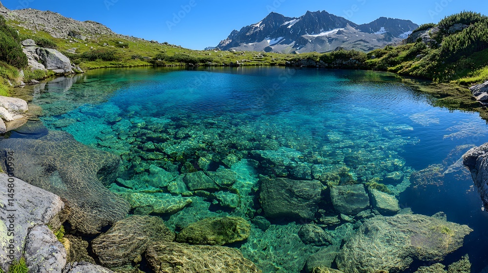 Fototapeta premium Serene alpine lake reflecting mountain peaks.