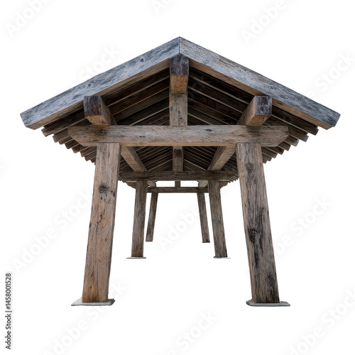 Rustic wooden gazebo with pitched roof and sturdy beams, viewed from below, showcasing its architectural design and natural texture