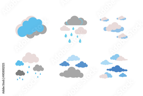 This vector set features various meteorology icons illustrating weather forecasts, including the sun, clouds, rain, snow, wind, and storms
