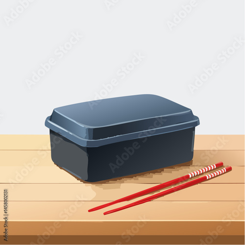 Minimalist Japanese Bento on Wooden Table with Chopsticks and Open Lid

