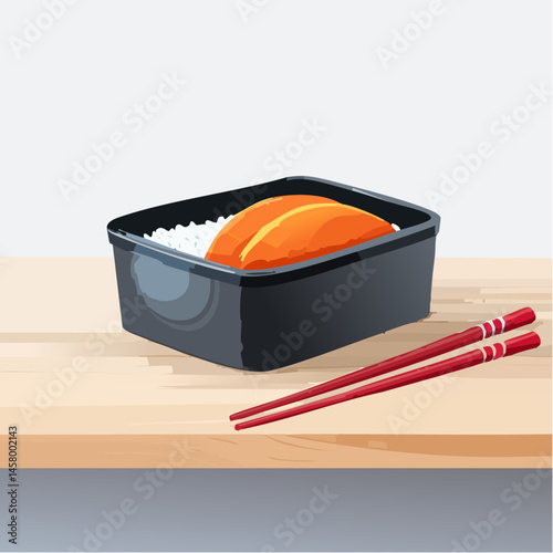 Minimalist Japanese Bento on Wooden Table with Chopsticks and Open Lid

