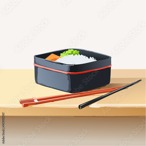 Minimalist Japanese Bento on Wooden Table with Chopsticks and Open Lid

