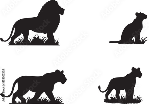 Black vector set features animal silhouettes including lions, and tigers
