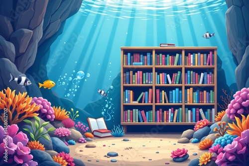 Underwater coral reef library adventure ocean depths digital illustration vibrant environment unique viewpoint imaginative concept