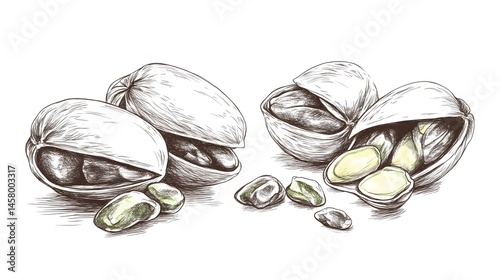 Detailed illustration of pistachios in various stages of opening.