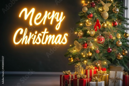 Merry Christmas Festive Scene - A beautifully decorated Christmas tree with twinkling golden lights, red and gold ornaments, and elegantly wrapped gifts beneath. 