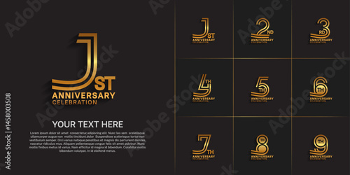 Anniversary logo style double line number set. gold color on brown background for celebration event