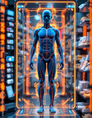 Futuristic human anatomy visualization virtual lab 3d rendering sci-fi environment front view interactive concept