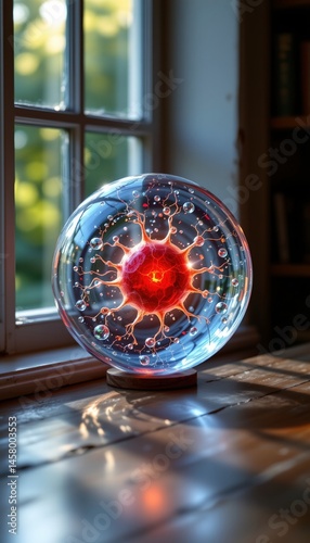 Dynamic transparent rendering of a science concept in a cozy room showcasing a luminous glass orb