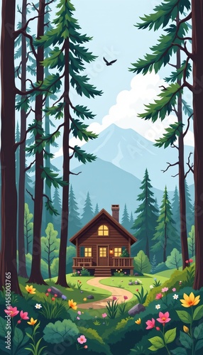 Reconnect with nature digital detox cabin in minimalist style mountain forest illustration serene environment scenic viewpoint