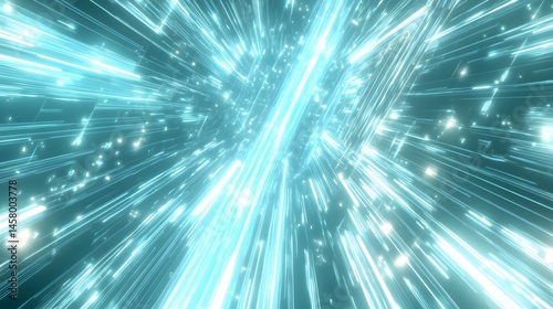 Abstract digital design with light beams and geometric forms.