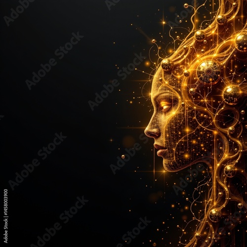 Digital fractal portrait of a woman abstract art black background contemporary design close-up view aesthetic exploration