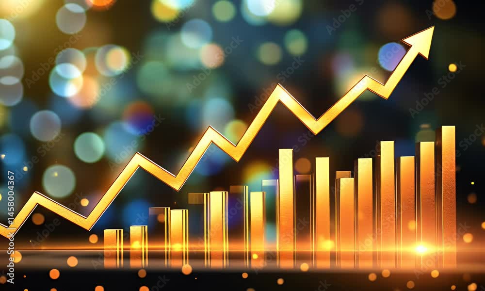 A digital display of stock market trends with upward arrows and bar graphs, representing the concept of growing interesting statistics for business analytics