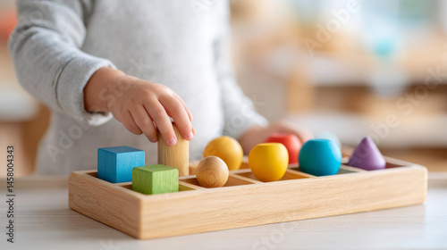 Child plays with colorful shape sorting toy, enhancing their cognitive skills and creativity