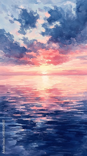 Watercolor wind sunset sea surface