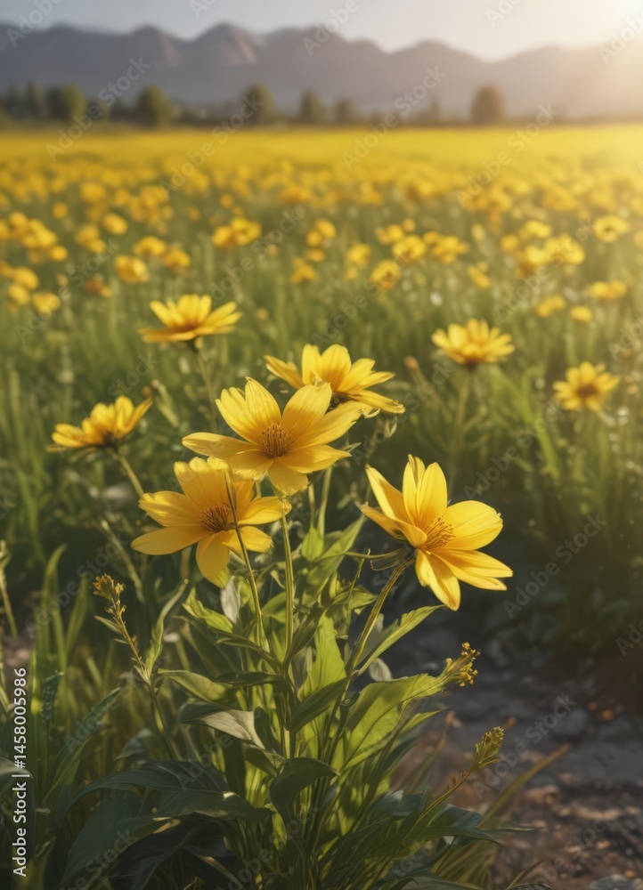 Fototapeta premium Sunlit yellow flower blossoms in summer field, spring, detail