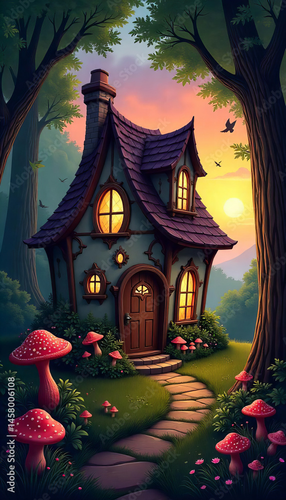 Fototapeta premium Enchanted Forest Cottage cartoon