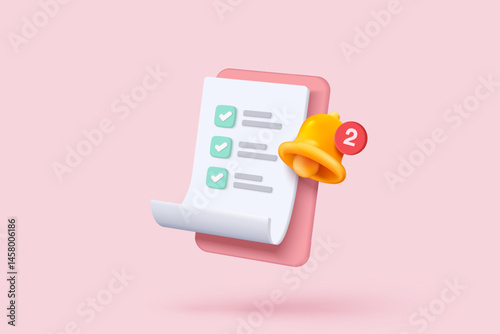 3d white clipboard task management todo check list with notification bell icon, efficient work on project plan alarm concept, alert for todo checklist. 3d vector clipboard render on pink background