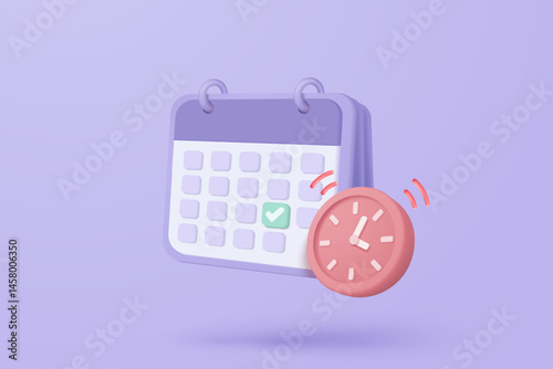 3d calendar marked date for important day in purple background. Calendar with mark for schedule appointment, event day, holiday planning concept 3d alarm clock vector render isolated pastel background