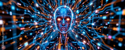 Futuristic human figure surrounded by pulsating digital energy cybernetic realm digital art high-tech close-up innovation