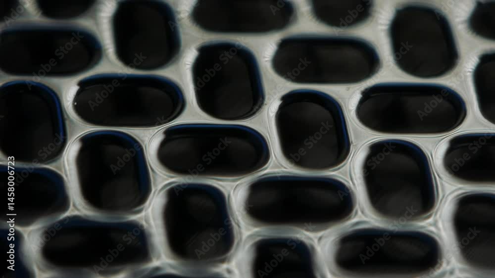 5x magnified stainless steel razor mesh with oval holes rotating smoothly. Macro close-up reveals precision engineering of shaving surface in motion.