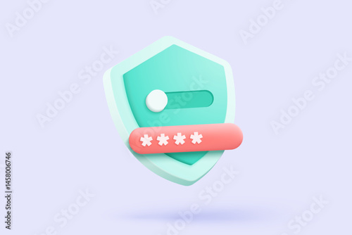 3D shield protection with password secure for online payment on purple background concept, user password for 3d security icon with payment protection on isolate vector render background