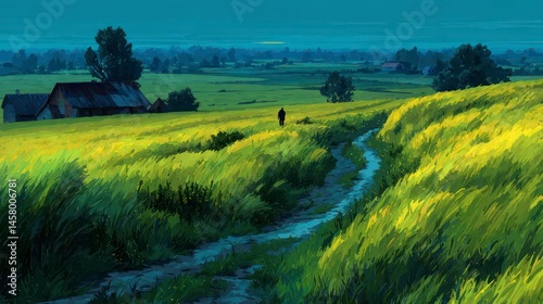 Serene Countryside Pathway with Lush Green Fields and Rolling Hills Ideal for Nature Travel