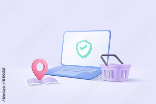 3D shopping online with laptop, pin location point marker of map, shopping bag or basket. Shield protection with password secure for online payment concept. Notebook icon 3d vector render illustration