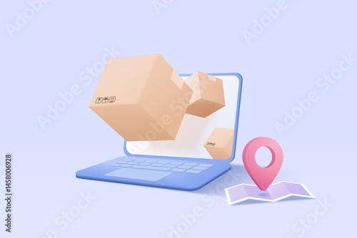 3D online deliver service, delivery tracking laptop, pin location point marker of map for shipment concept. Product shipping packing come out from notebook. Logistic icon 3d vector render illustration