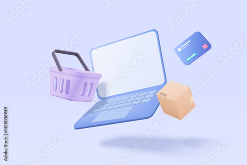 3D shopping online with laptop, product shipping packing, shopping bag or basket. Credit card protection with password secure for online payment concept. Notebook icon 3d vector render illustration