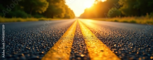 Dark asphalt, bright yellow line, sunlit road ahead, strong contrast, sunlight, yellow, road